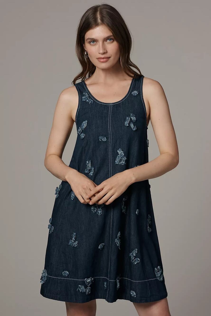 New Anthropologie The Keiko Embroidered Denim Mini Dress by Maeve $178 SMALL